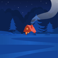 Vector hand drawn Illustration of a house with a forest in a background at night.