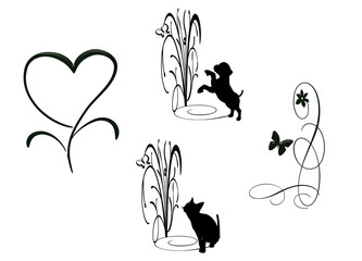 4 doodles  pour d&eacute;coration repr&eacute;sentant un chat,un chien, un papillon et un coeur