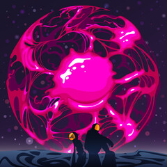 Vector space sci-fi illustration with an astronaut and his dog with a stretched pink planet made of bubble gum.