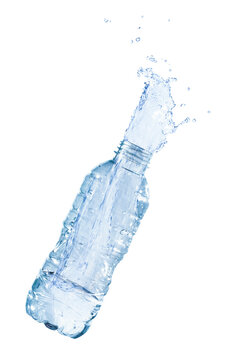 Image isolated motion the water splash on the water bottle drink falling shape and drop on the white background.