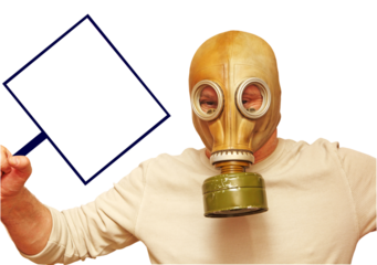Men in gas mask showing placard with empty space.