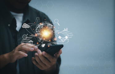 Businessmen use smartphones to online transactions With wireless network technology, concept of accessing big data through the global Internet network. document management , Finance and Banking