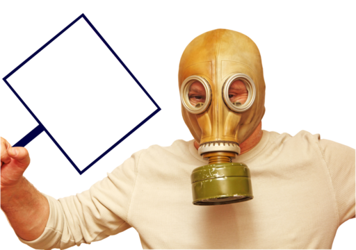 Men in gas mask showing placard with empty space.