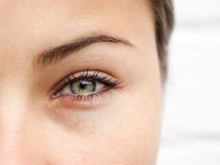 Female eye close-up. Looking into the camera