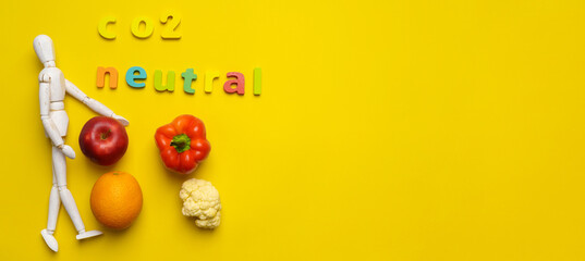 Carbon neutral ecology label concept. Carbon neutral. Local organic vegetables and fruits. Copy space