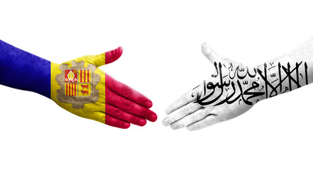 Handshake between Afghanistan and Andorra flags painted on hands, isolated transparent image.