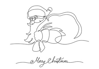 Continuous line drawing santa claus with gift bag and greeting merry christmas handwriting, Concept of Christmas. Holiday, New year.
 Vector design illustration on white background.