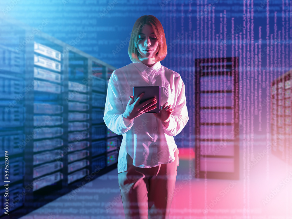 Poster woman system administrator. girl works in data center. woman stands among servers. data center emplo
