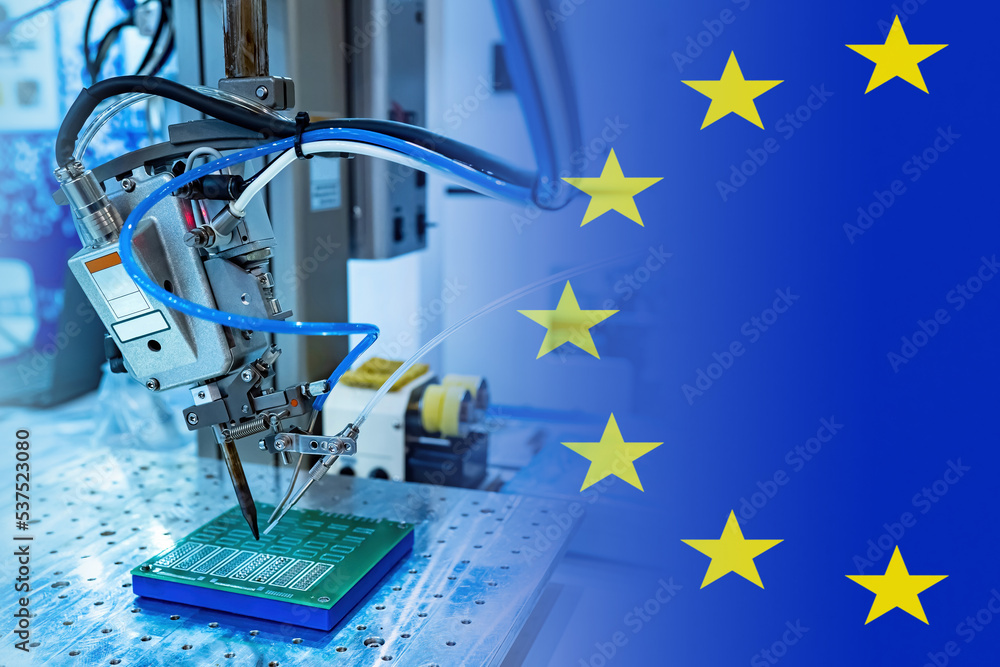 Poster Microelectronics production in European Union. PCB making machine. Microelectronics in Europe. Automated soldering machine for microelectronics. PCB manufacture in European Union. EU flag. 3d image.