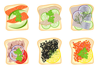 Set of fish sandwiches (toasts). Caviar, red and white fish, tuna, herring.