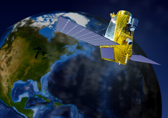 Research satellite apparatus. Orbital space station. Orbiting satellite over planet Earth....
