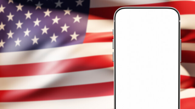 Mock up phone. USA flag. Apps for United States of America. Phone with white screen. Smartphone mock up. Apps for residents of American cities. Mobile apps for Americans. Art blurred. 3d image.