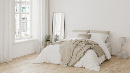 modern bedroom interior, white bed and beige blanket, mirror, wooden floor, parisian style, 3d render