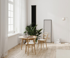 Modern room interior with white wall and wooden floor, dining table near window, mirror and radiator, 3d render