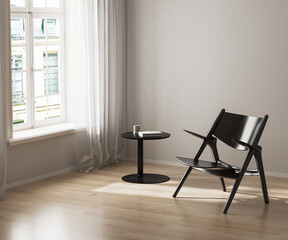 Black chair and coffee table near window with curtains, white wall, wooden floor, 3d render