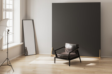 Modern photo studio with professional lightning equipment, black background, 3d render