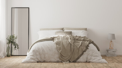 Fototapeta na wymiar Bedroom interior with bed, mirror and decor, home interior mockup, 3d render