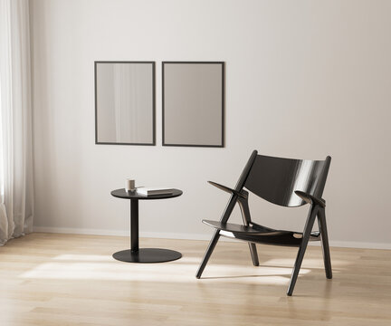 two poster frames mockup on white wall, black chair and coffee table, 3d render