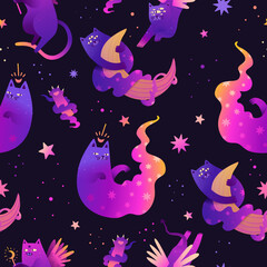 Mystical seamless pattern with cartoon shiny cats. Magic characters of cats with stars. Esoteric neon wallpaper. Cute cats with wings for printing on fabric. Vector.