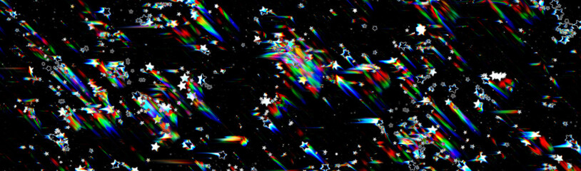 Digital glitch and movement cosmos stars with diagonal colorful line effect on dark background. Fantastic neon and speed beams. Retro futurism, web punk, birthday party design or Christmas layout	
