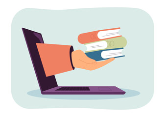 Hand giving stack of paper books from laptop screen. Online learning and knowledge for person flat vector illustration. Education, library concept for banner, website design or landing web page