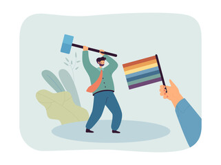 Tiny man smashing with hammer rainbow flag in activists hand. Persons anger against LGBT movement flat vector illustration. Protest, LGBTQ concept for banner, website design or landing web page