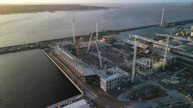 Everton new stadium build in progress, Liverpool waterfront 10.10.22 - move in and tilt forward aerial drone, view south west.