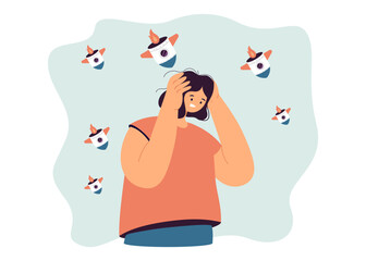 Fear, despair and stress in woman from war. Rockets flying in sky frightening girl flat vector illustration. Military aggression, danger concept for banner, website design or landing web page