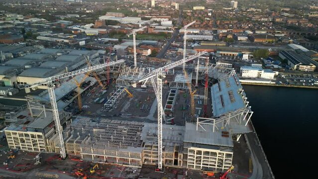 Everton new stadium build in progress, Liverpool waterfront 10.10.22 - clockwise aerial drone pan, view north to east.