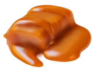 Melting caramel candy with sauce flowing isolated on white background. Top view. Flat lay.