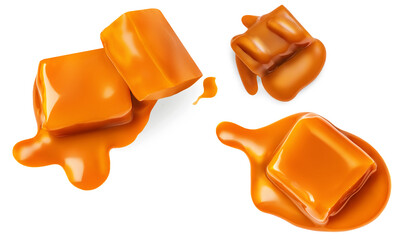 Creative layout made of Toffee candy with splash of caramel candies isolated on white background,...