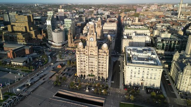 The Liver Building, Liverpool waterfront 10.10.22 - anti-clockwise slow aerial drone pan showing south side and clock.