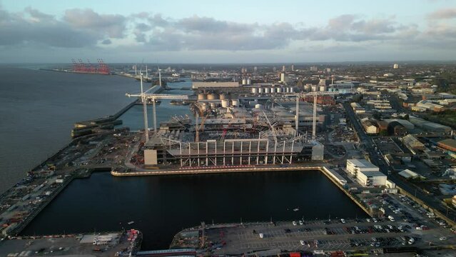Everton new stadium build in progress, Liverpool waterfront 10.10.22 - anti-clockwise aerial drone pan from west to south