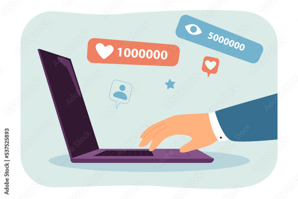Poster hand of blogger using laptop for communication with community. blog with 1 and 5 million likes and v
