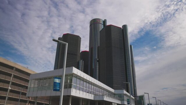 Renaissance Center building in Detroit, Michigan with gimbal video walking forward.
