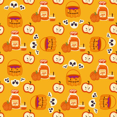 Halloween seamless pattern background design with pumpkin jam, skull and bones,apples and other autumn or festive elements on yellow background.