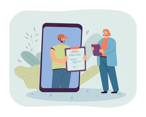 Online agreement, delivery of business documents for tiny woman. Man holding paper with text on phone screen flat vector illustration. Paperwork concept for banner, website design or landing web page