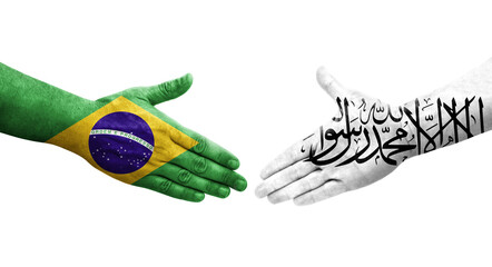 Handshake between Afghanistan and Brazil flags painted on hands, isolated transparent image.