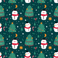 Seamless pattern with Christmas tree, snowman and stars. Background, Wrapping paper festive print. Texture for Christmas and New Year holiday textile, print with cute design elements 