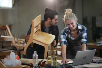 Carpenters Assembling Furniture, Small business in wood DIY workplace office background