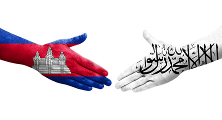 Handshake between Afghanistan and Cambodia flags painted on hands, isolated transparent image.
