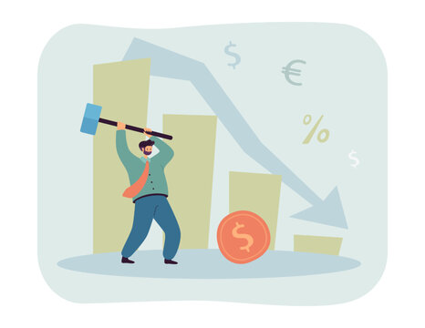 Tiny businessman breaking dollar coin with hammer. Angry person over down arrow of stock market chart flat vector illustration. Crisis, reduction concept for banner, website design or landing web page