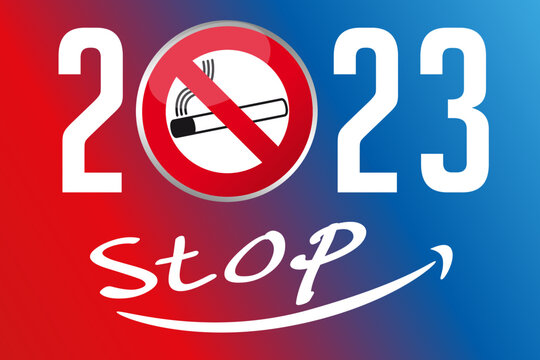 Carte de vœux 2023 sur le thème du tabac et de la résolution d’arrêter de fumer, avec un panneau d’interdiction montrant une cigarette, souligné par le mot Stop.