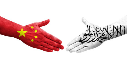 Handshake between Afghanistan and China flags painted on hands, isolated transparent image.