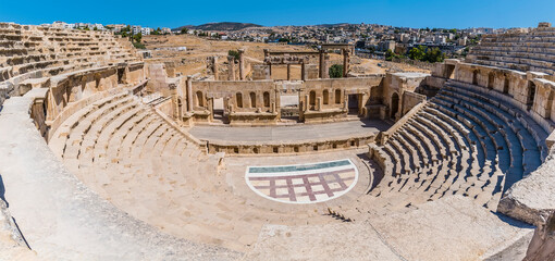 A panorama view across the amphitheatre in the ancient Roman settlement of Gerasa in Jerash, Jordan...