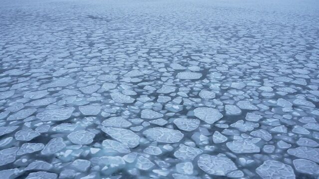 Puzzle of ice pieces. Ice on waves. Small pieces of pancake ice. View from vessel.