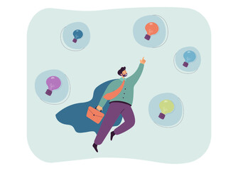 Business leader superhero flying among light bulbs in sky. Success marketing innovation, idea of man flat vector illustration. Leadership concept for banner, website design or landing web page