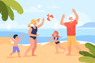 Old couple playing beach volleyball with kids. Grandmother and grandfather playing ball game with grandchildren flat vector illustration. Family, vacation, summer activity, sports concept for banner - obrazy, fototapety, plakaty