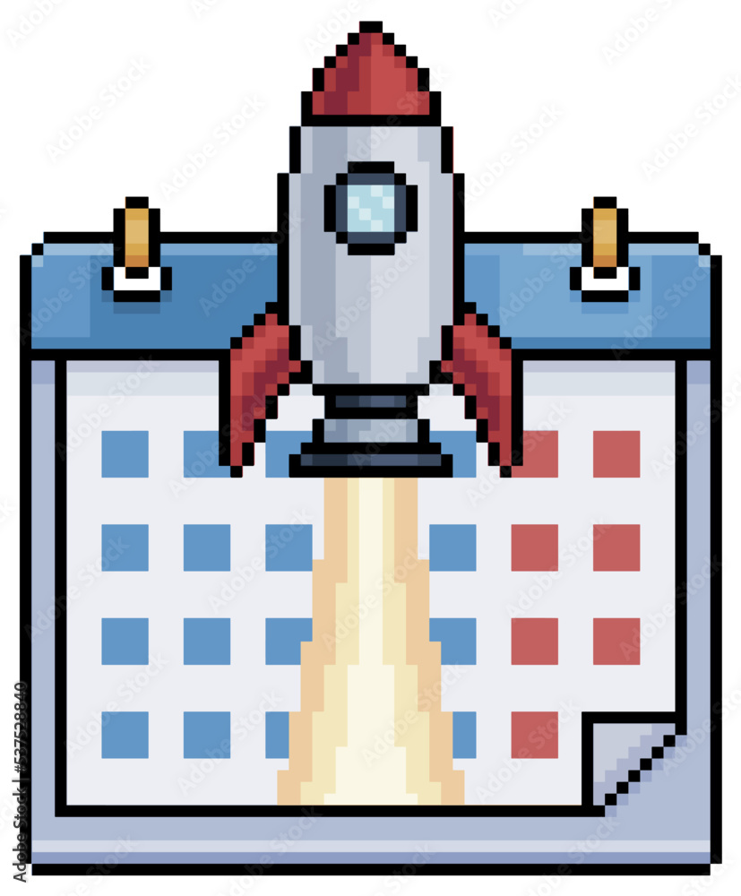 Poster pixel art calendar with rocket taking off vector icon for 8bit game on white background