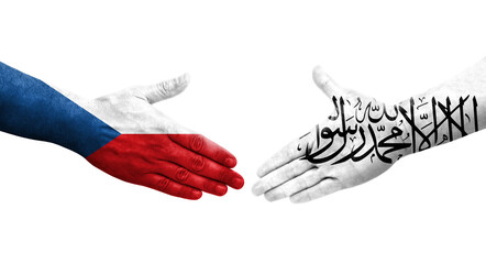 Obraz premium Handshake between Afghanistan and Czechia flags painted on hands, isolated transparent image.